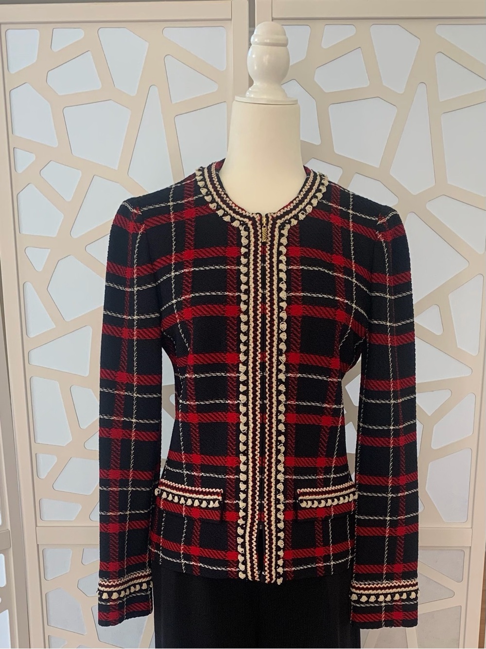 St. John Collection Black & Red Plaid Tweed Jacket with Cream Trim